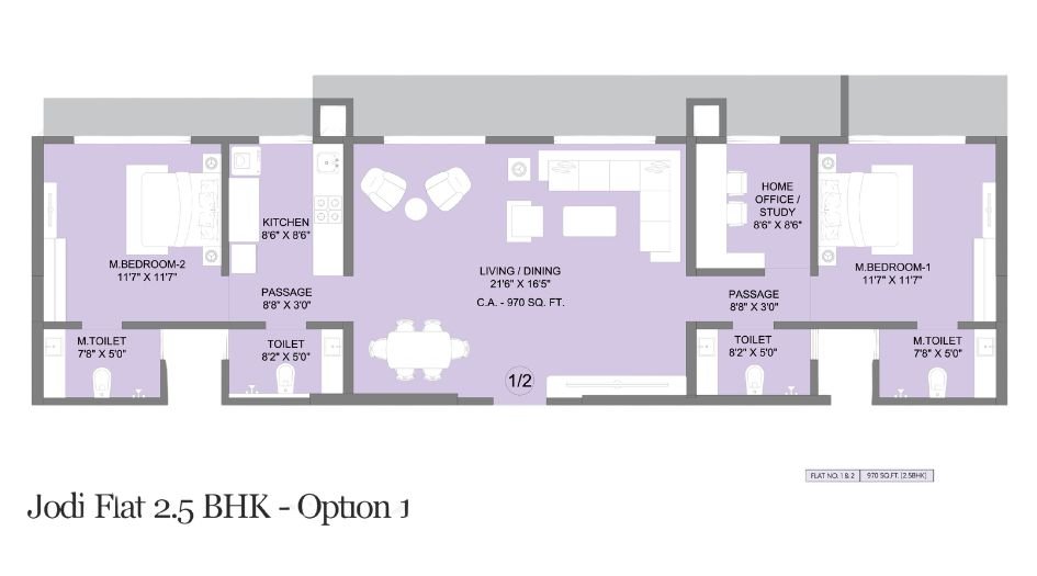 Ajmera-Boulevard-Floor-Plan-2.5 BHK-Jodi-Unit-Option-1-970 Sqft